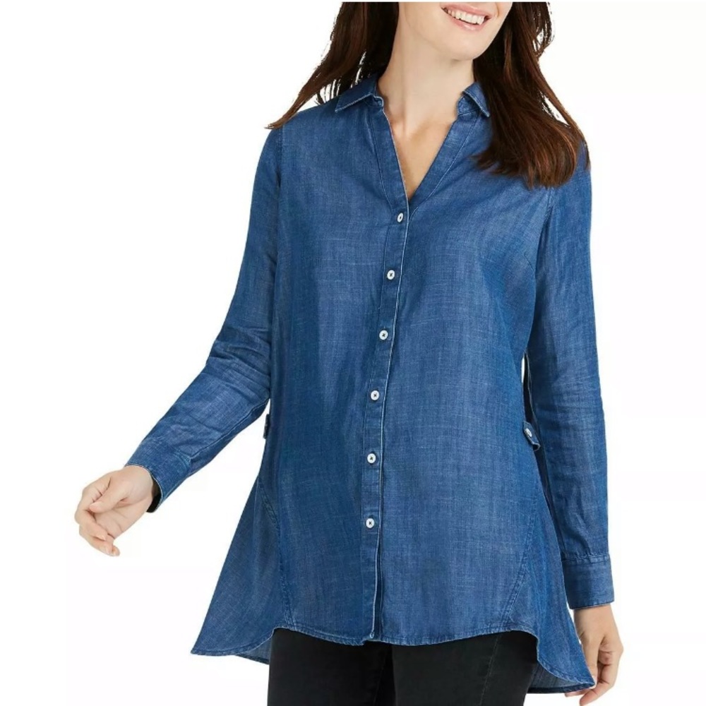 Foxcroft Denim Button Down Hi-Low Tunic Blouse 10
